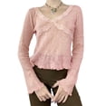thumbnail image 1 of hirigin Women Fashion Wild Crop Tops Lace Patchwork V-Neck Long Sleeve Knitted T-Shirts Spring Autumn Slim Fit Bottoming Shirts, 1 of 7