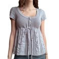 thumbnail image 1 of hirigin Women Fashion Wild Knitted Tops Solid Color Round Neck Short Sleeve Buttons Tie-Up Front Shirts Pockets Casual Streetwear, 1 of 9