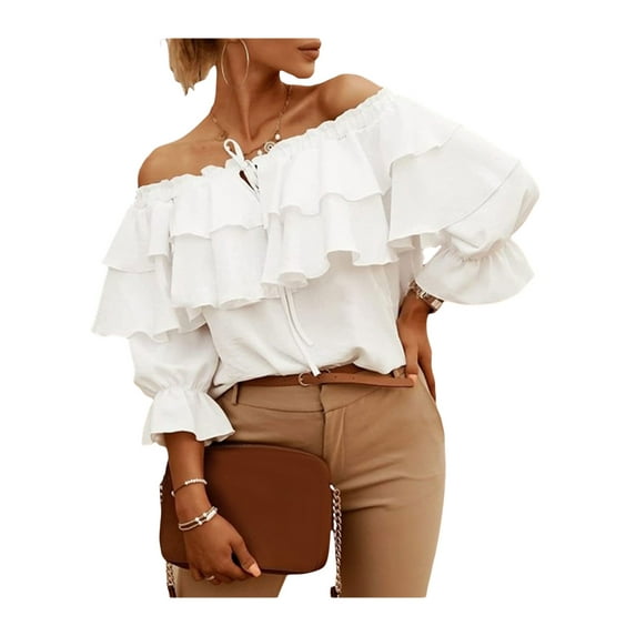 hirigin Women Fashion Wild Shirts Solid Color Boat-Neck Off-Shoulder Half Sleeve Chiffon Blouses Summer Casual Ruffles Tie-Up Tops