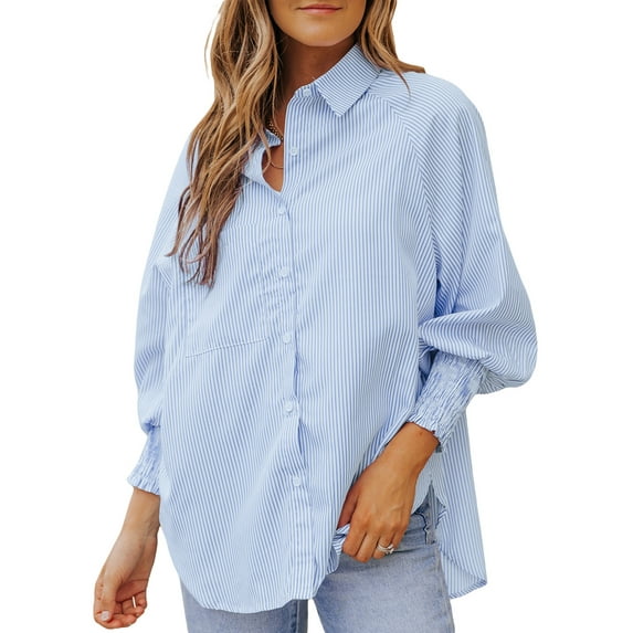 hirigin Women Fashion Wild Shirts Stripe Turn-Down Collar Ruched Cuff Long Sleeve Button-Down Blouses Autumn Loose Casual Tops