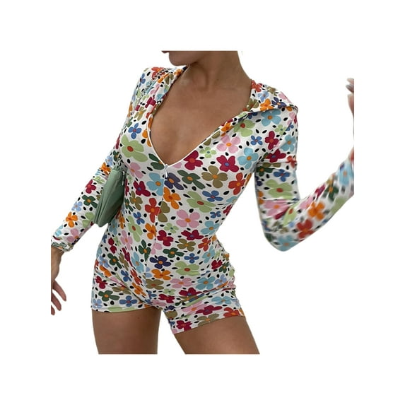 hirigin Women Fashion Wild Skinny Playsuits Floral Print/Solid Color Deep V-Neck Hooded Short Jumpsuits Spring Long Sleeve Rompers