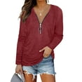 thumbnail image 1 of hirigin Women Fashion Wild T-Shirts Solid Color V-Neck Long Sleeve Zipper-Up Front Ruched Shirts Spring Autumn Casual Tops, 1 of 5