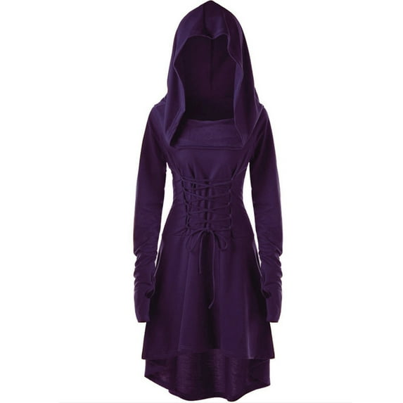 hirigin Women Halloween Costume Solid Color High Low Long Sleeve Hooded Dress for Party Role-playing Cosplay