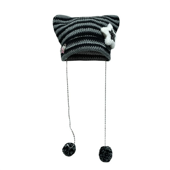 hirigin Women Handmade Knitted Crochet Hat Cute Stars Decor Stripe Contrast Color Cat Ear Bobbles Devil Hat Autumn Winter Warm Beanie