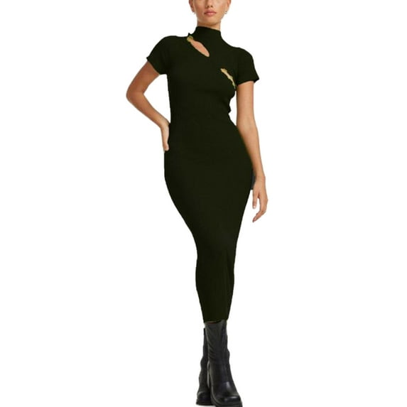 hirigin Women Knit Long Dress, Short Sleeve High Neck Hollowed Slim Fit Solid Bodycon Dress