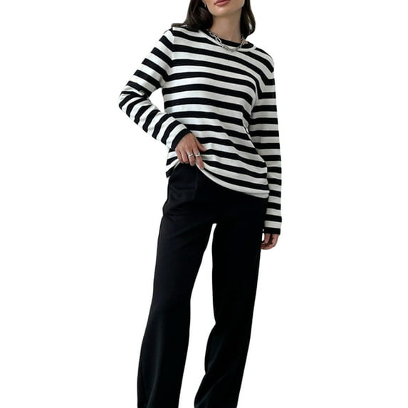 hirigin Women Knit T-shirt, Long Sleeve Crew Neck Striped Loose Fall Tops for Casual Daily