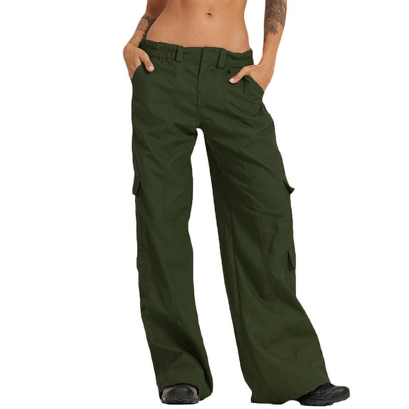 hirigin Women Loose Cargo Pants Solid Color Casual Elastic Wide Leg Joggers Trousers with Pockets for Streetwear