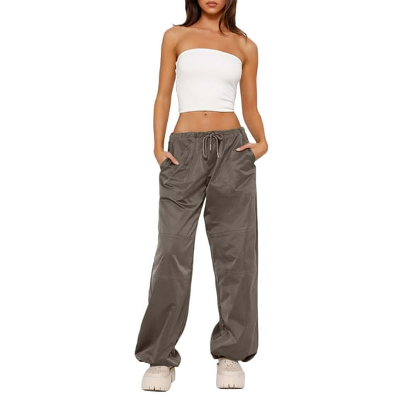 hirigin Women Loose Cargo Pants Solid Color Vintage Casual Elastic Drawstring Joggers Trousers for Streetwear