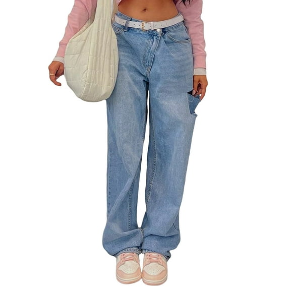 hirigin Women Low Waist Buckle Jeans, Solid Color Ripped Denim Trousers, Loose Fit Pants for Ladies, Blue/ Grey