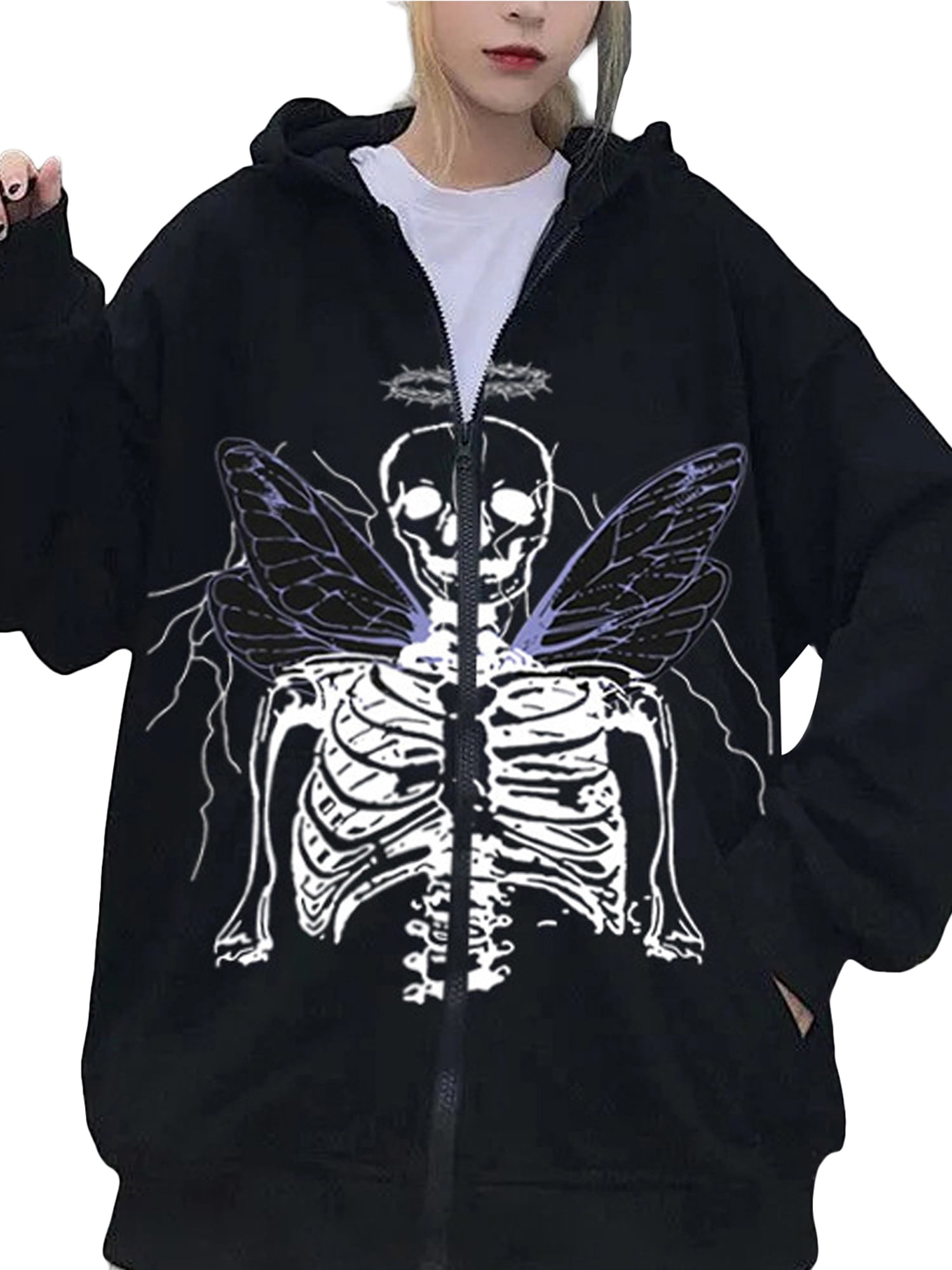 hirigin Women Men Oversized Zip Up Hoodie Sweatshirt Rhinestone Skeleton Sweatshirt Loose Fit Aesthetic Hoodies Walmart