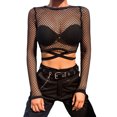 thumbnail image 1 of hirigin Women Mesh Crop Top, Long Sleeve Crew Neck Fish Net Sheer T-shirt Tops for Party Club, 1 of 9