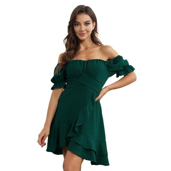 hirigin Women Mini Dress Short Sleeve Off-shoulder Ruffled Irregular Hem Summer Dress for Casual Daily