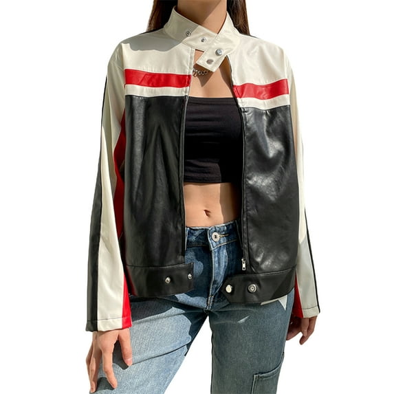 hirigin Women PU Leather Biker Jackets Contrast Color Stand Collar Long Sleeve Zipper-Up Coat Autumn Winter Fashion Short Outerwear