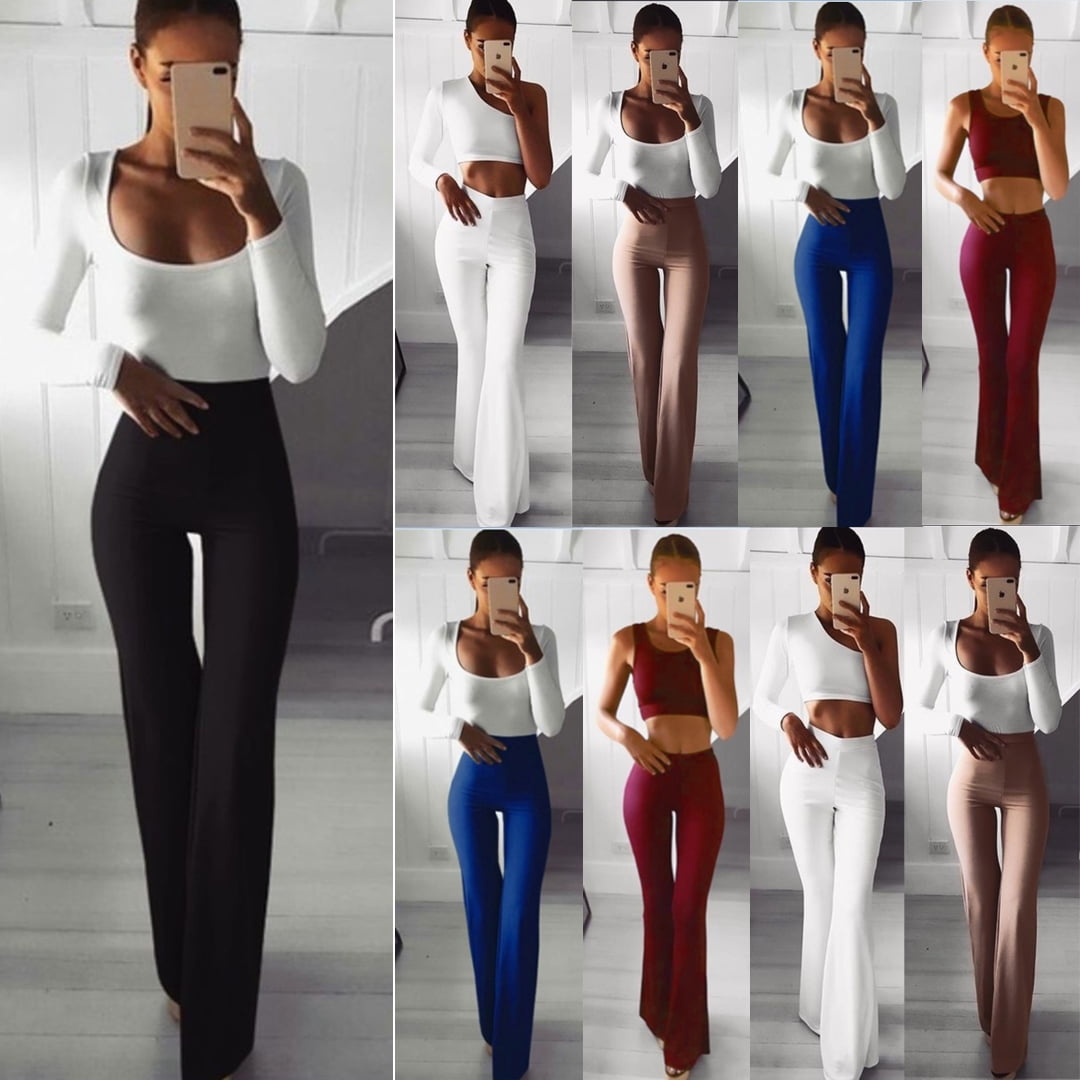 hirigin Women Pants Solid Color Bell-Bottom Elastic Band Long Slim Top High  Waist Pants 