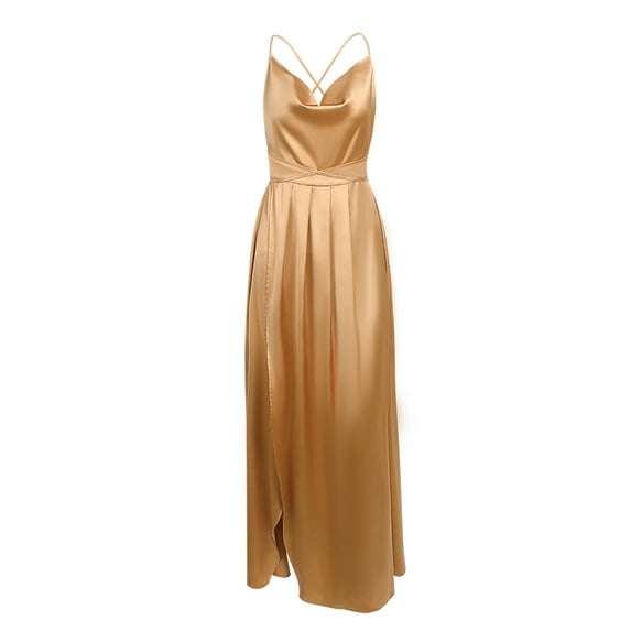 hirigin Women Party Slip Dress, Solid Color Cowl Neck Spaghetti Strap Open Back One Piece with Thigh-High Slit for Ladies, S/M/L