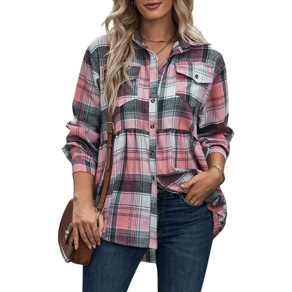 hirigin Women Plaid Shirt Jacket Vintage Lapel Casual Loose Long Sleeve Button Down Jacket Fall Outwear Streetwear
