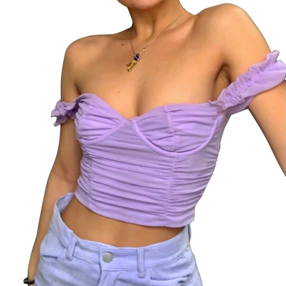 hirigin Women Ruched Crop Tops Short Puff Sleeve Off Shoulder T-Shirts