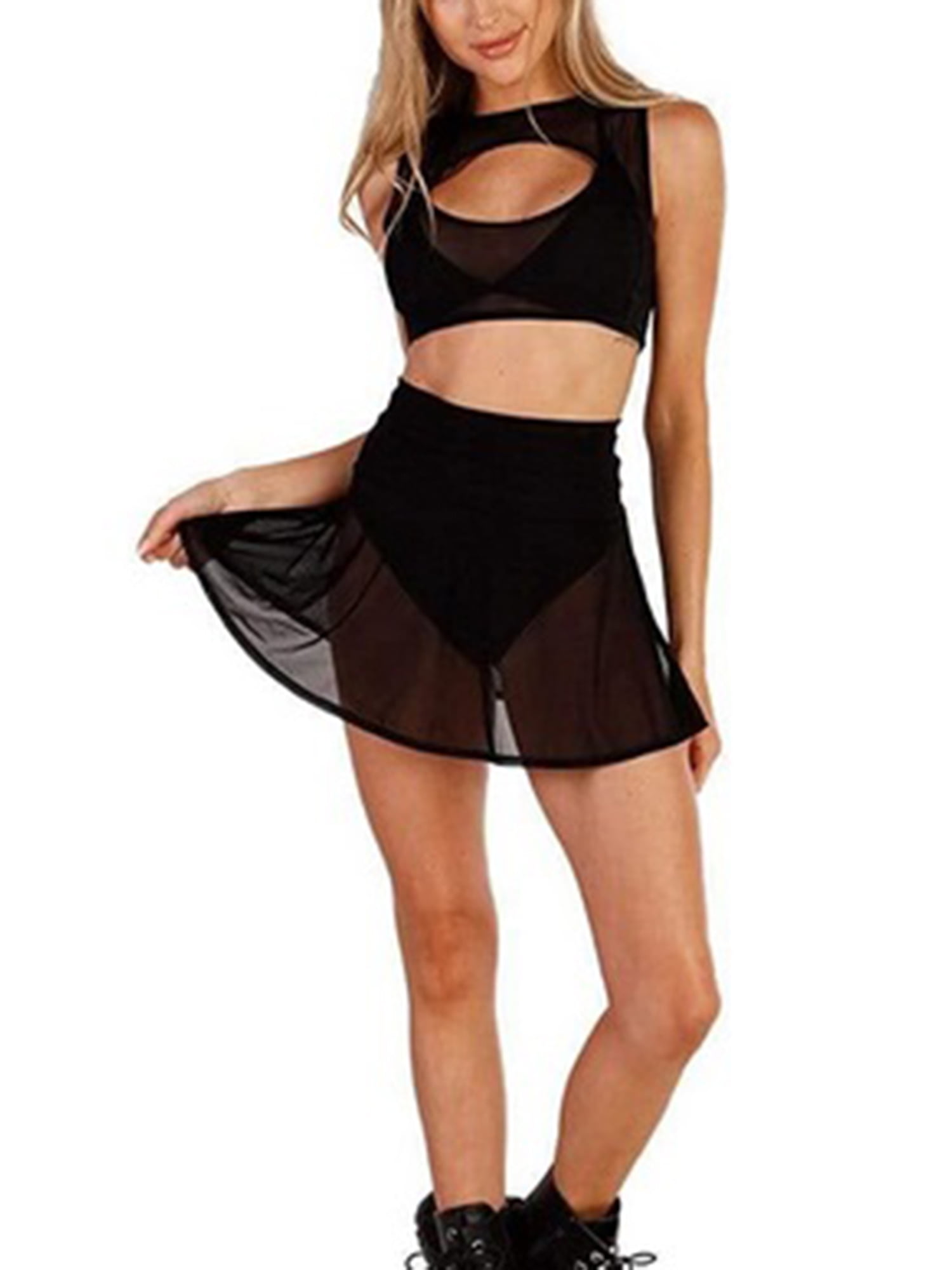 hirigin Women Sheer Mesh Mini Skirts High Waist See Through Beach