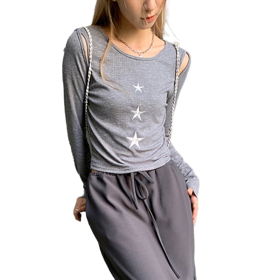 hirigin Women Short Tops, Round Neck Long Sleeve Star Cutout Casual Party Street Fall Spring Cropped Tops