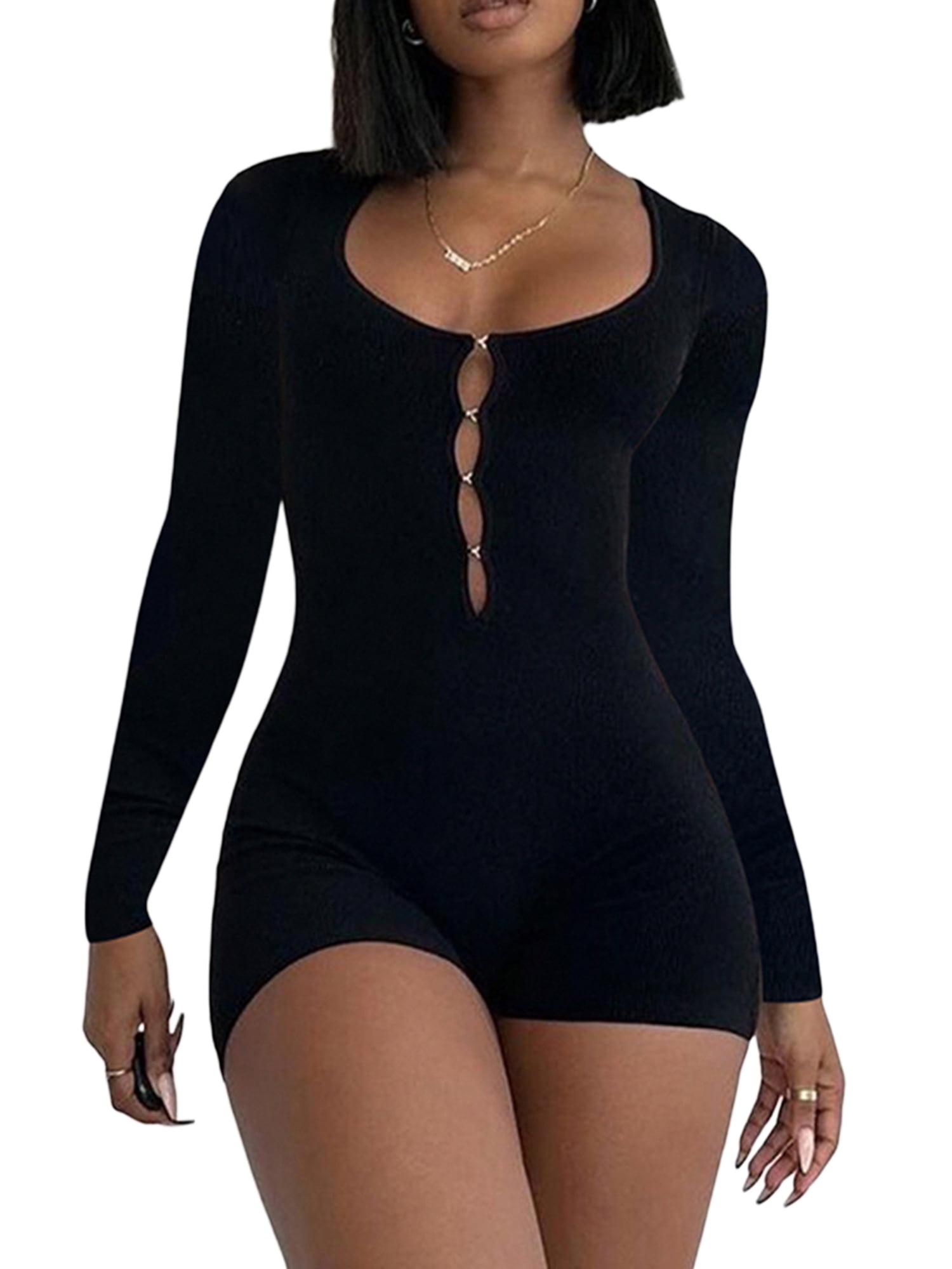 hirigin Women Shorts Jumpsuit Casual Solid Color Cutout Long Sleeve Bodysuit  Playsuit Clubwear Streetwear 