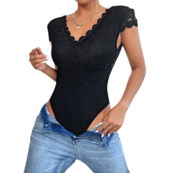 hirigin Women Slim One Piece Bodysuit, Lace Flower Jacquard Flying Sleeve Deep V-neck Jumpsuit for Party Club
