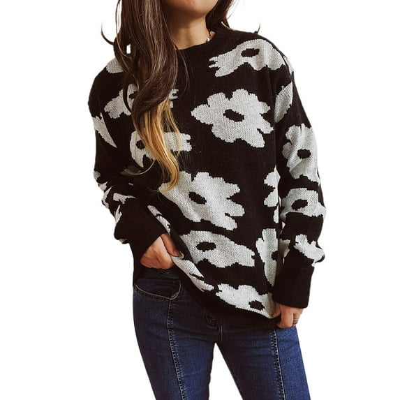 hirigin Women Spring Loose Sweater, Flower Pattern Long Sleeve Crew Neck Knitwear Autumn and Winter Lightweight Pullover Sweatshirt
