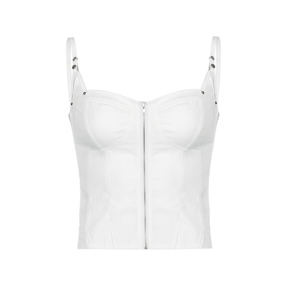 hirigin Women Summer Bodycon Tank Tops, Spaghetti Strap Sleeveless Front Zipper Self Tie Back Cami Tops for Ladies, White