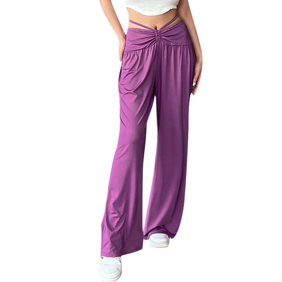 hirigin Women Summer Casual Pants Solid Color High Waist Wide Leg Drawstring Palazzo Loose Long Pants