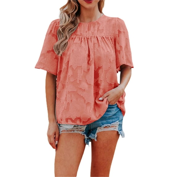 hirigin Women Summer Chiffon T-shirts Solid Color Lace Loose Casual Flared Short Sleeve Tops Streetwear for Daily