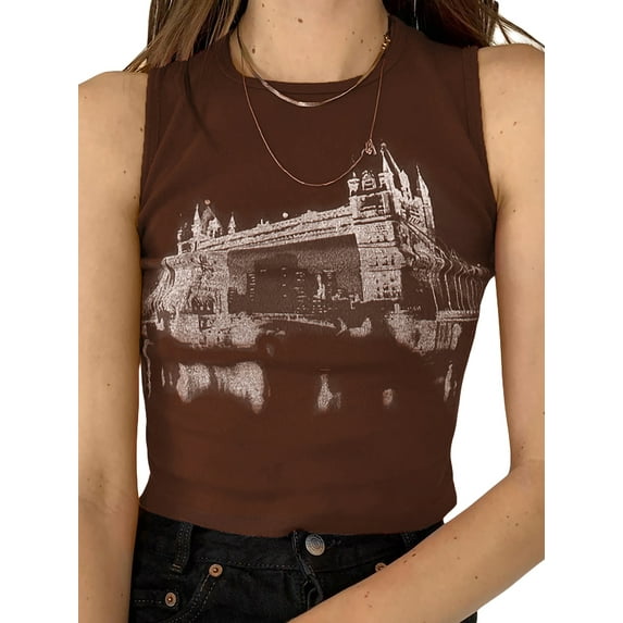 hirigin Women Summer Fitted Vest, 3D Building Print Round Neck Sleeveless Casual Tank Tops Streetwear for Females, Brown
