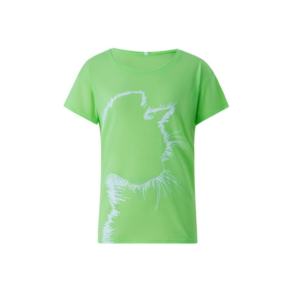 hirigin Women Summer T-Shirt, Short Sleeve Cat Printed Loose Fit Crew Tees, Ladies Casual Baggy Shirt
