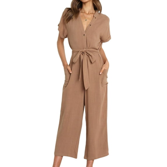 hirigin Women Summer V-neck Belted Jumpsuit, Solid Color Front Button Short Sleeve Siamese Trousers Wide Leg Ninth Pants with Pocket
