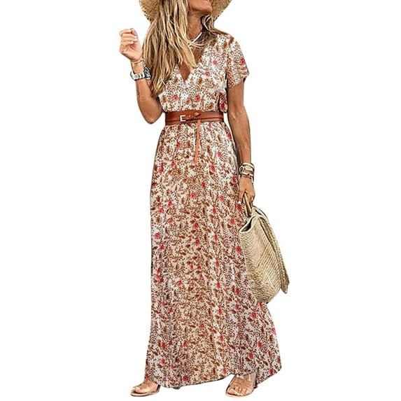 hirigin Women Summer Vintage Boho Long Maxi Dress Party Beach Dress Floral Print Sundress With Belt