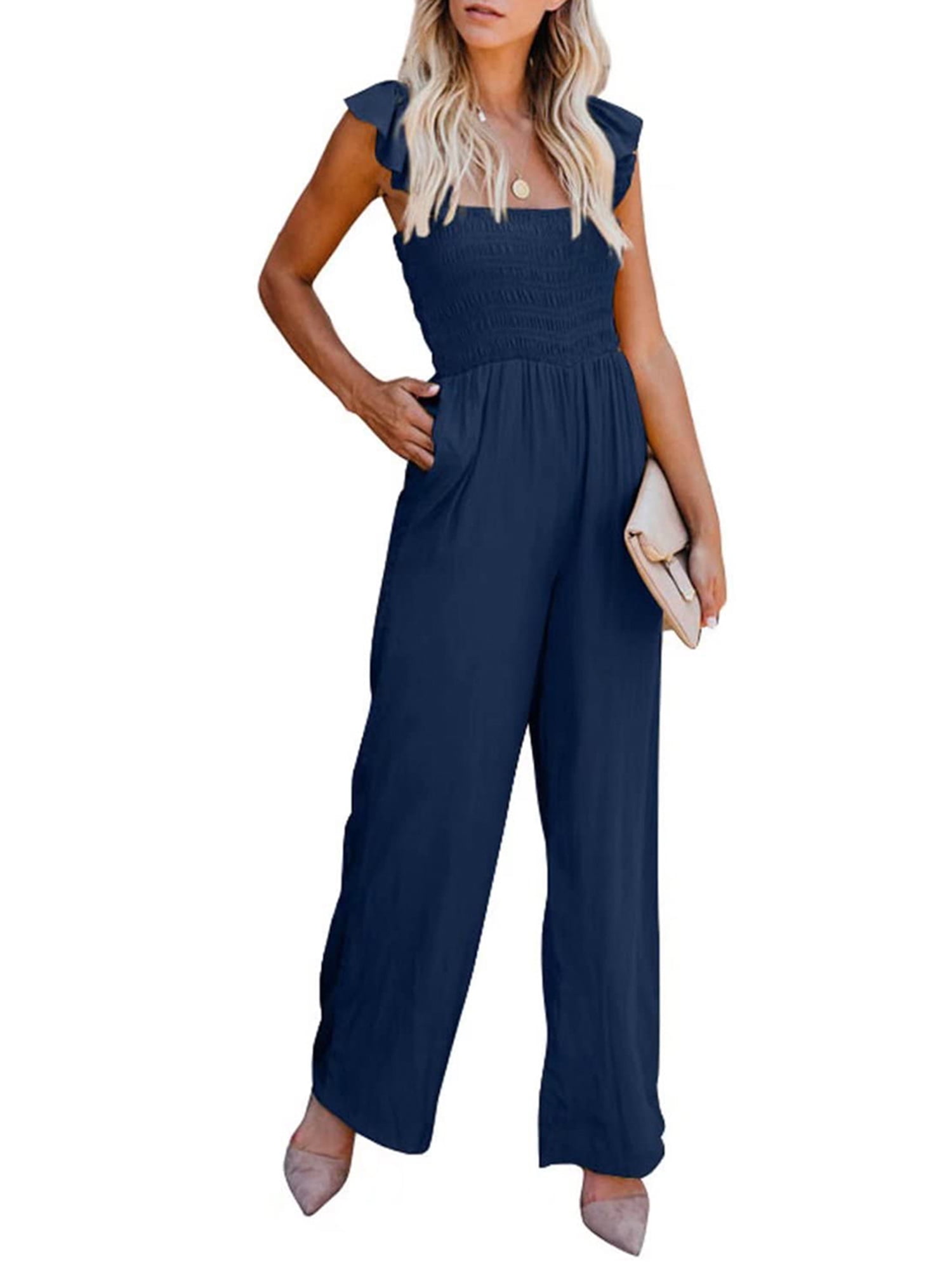 hirigin Women Summer Wide Leg Jumpsuit Casual Solid Color Flying Sleeve  Square Neck Ruched Rompers Overalls Long Pants Female Clothing 