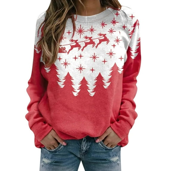 hirigin Women Sweatshirts Christmas Print Casual Long Sleeve Round Neck Pullover T-shirt Tops Streetwear