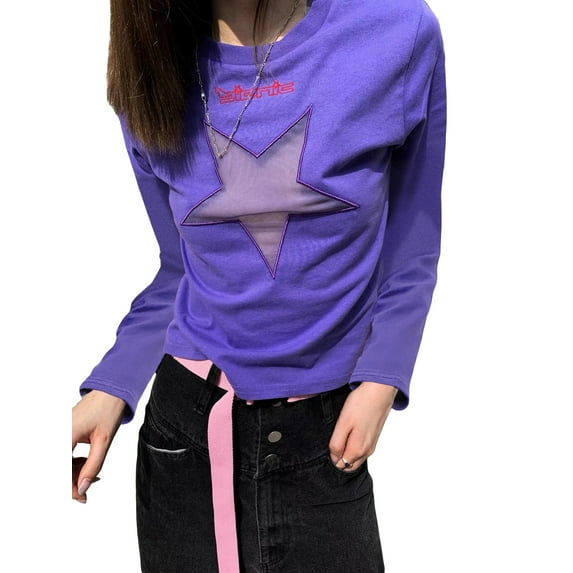 hirigin Women T-shirt Long Sleeve Crew Neck Letters See-through Star Slim Fit Ladies Tops for Daily Party