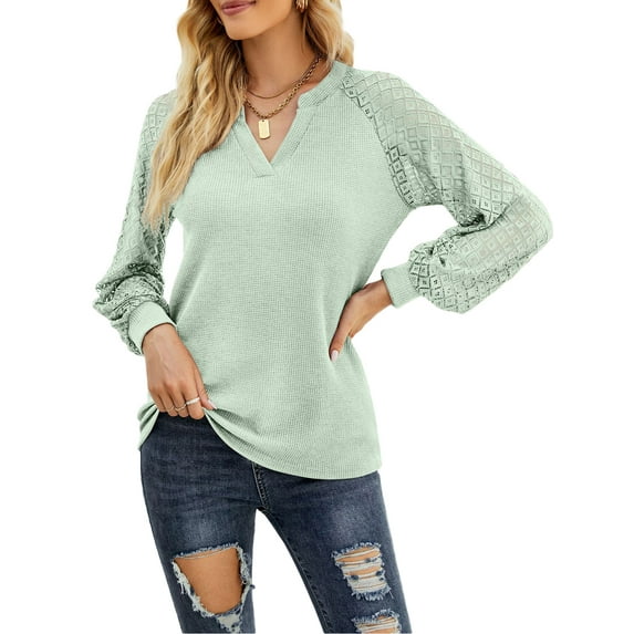 hirigin Women T-shirt, See-through Long Sleeve V Neck Lace Patchwork Ladies Tops for Casual Daily