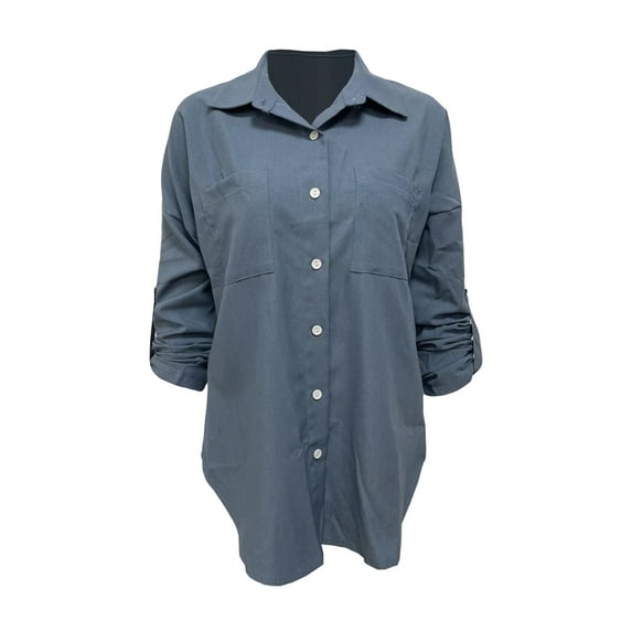 hirigin Women Trendy Jean Shirt, Solid Color Lapel Long Sleeve Button-Up Relax Fit Denim Blouse for Females, S/M/L/XL/XXL