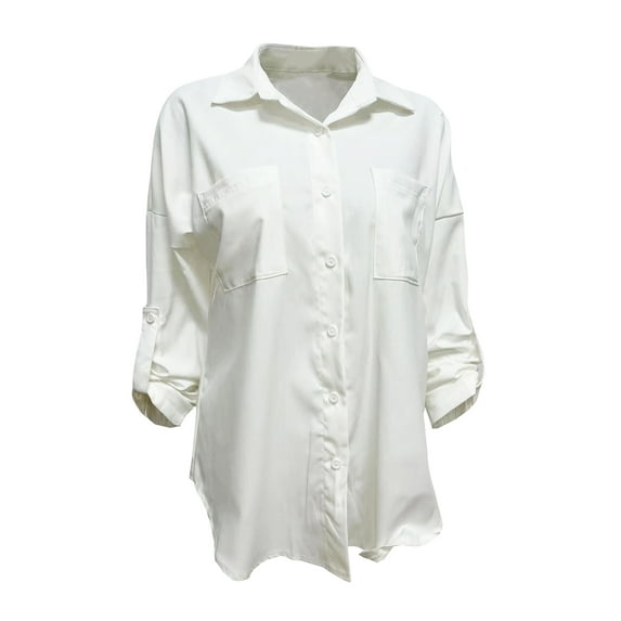 hirigin Women Trendy Jean Shirt, Solid Color Lapel Long Sleeve Button-Up Relax Fit Denim Blouse for Females, S/M/L/XL/XXL