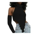 thumbnail image 1 of hirigin Women Trendy Knit Tops, Solid Color High Neck Sleeveless Open Back Tank Tops + Arm Sleeves Set for Ladies, Black/White, 1 of 4