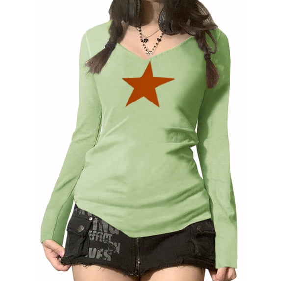 hirigin Women Trendy T-Shirt, Vintage Star Print V Neck Long Sleeve Relax Fit Casual Tops for Females, Black/Gray/White/Green