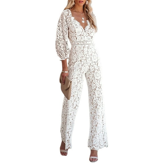 hirigin Women Wide Leg Jumpsuit Solid Color Long Sleeve V Neck Floral Lace Romper Nightclub Wear Streetwear