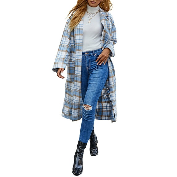 hirigin Women Wild Wool Coat Plaid Lapel Long Sleeve Single-Breasted Long Outerwear Autumn Winter Casual Warm Jackets