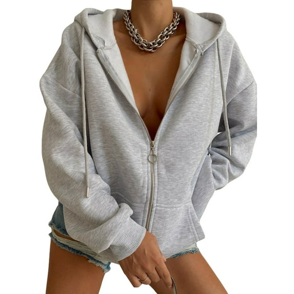 hirigin Women Zip Up Hoodie Jacket Casual Solid Color Long Sleeve Sweatshirt with Pockets Autumn Streetwear