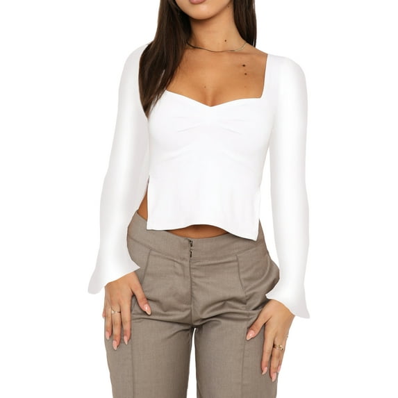 hirigin Women's Autumn Slim Tops, Solid Color Flare Long Sleeve Sweetheart Collar Ruched T-shirt