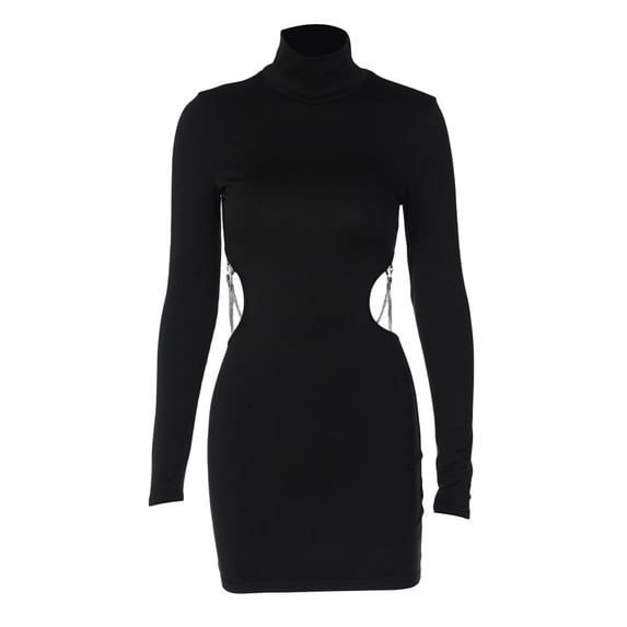 hirigin Women's Bodycon Mini Dress, Long Sleeve Mock Neck Cutout Club Dress with Metal Chain