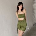 thumbnail image 1 of hirigin Women's Bodycon Sleeveless Dresses, Oblique Shoulder Pleated Solid Color One Piece Skirt for Summer, 1 of 10