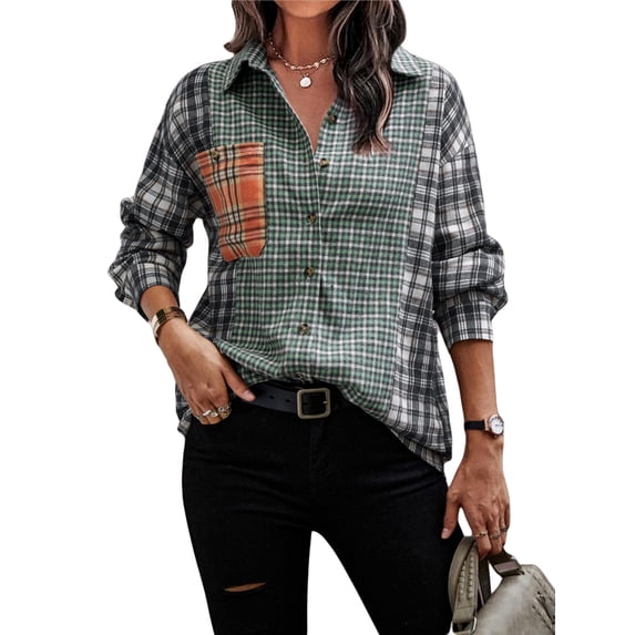 hirigin Women’s Button Down Lapel Shirts, Casual Long Sleeve Contrast Color Plaid Print Blouse