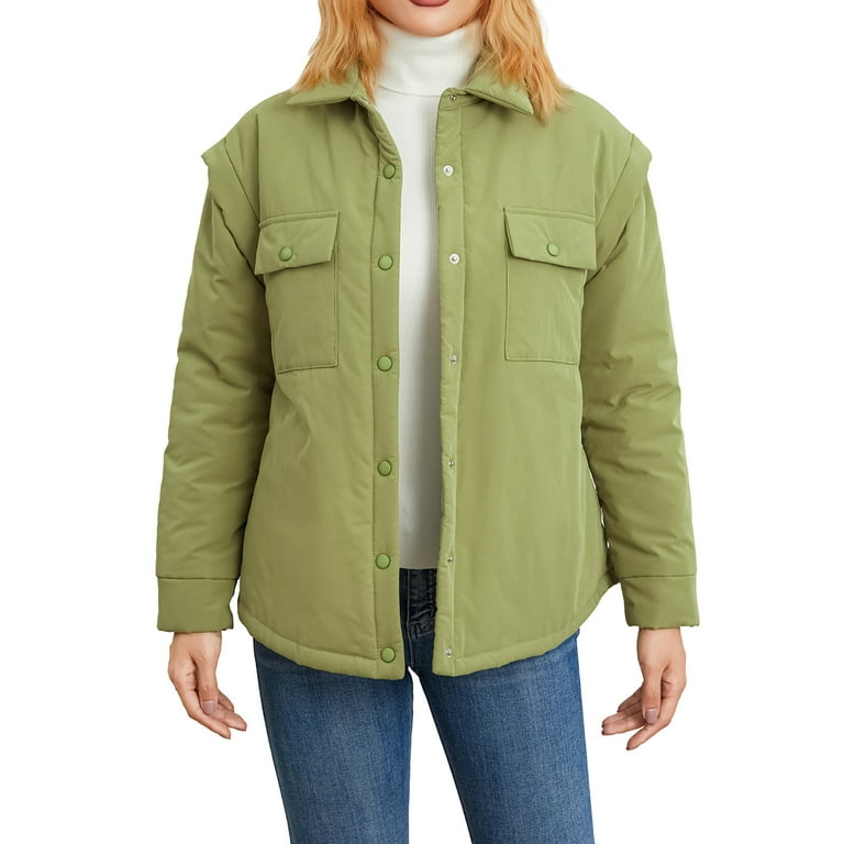 hirigin Women s Button Up Puffer Jacket Winter Warm Solid Color Coat with Detachable Sleeves Walmart