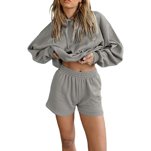 hirigin Women's Casual Clothes Set, Solid Color Long Sleeve Loose Sweatshirt/Hood Pullover + Shorts/Long Pants